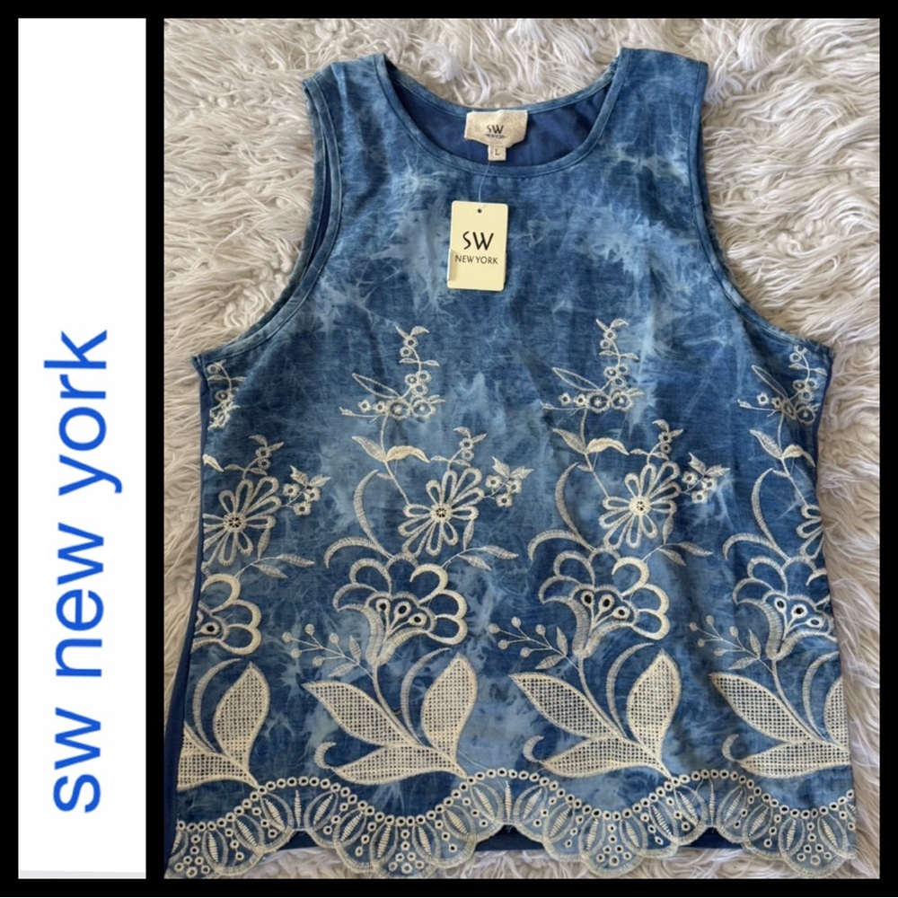 NWT SW New York Blue Tie Dye Floral Embroidered Top